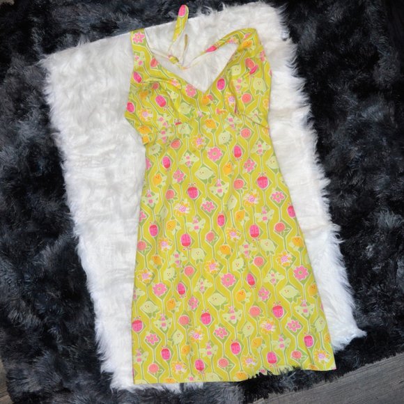 Lilly Pulitzer A-Maze-Ing Vintage White Label Citrus Lemon Bee Halter Dress 0 - Picture 6 of 7